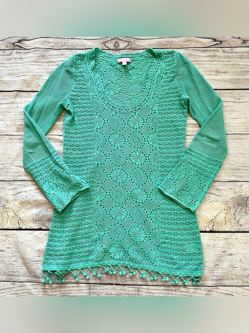 Lilly Pulitzer Seafoam Green Crochet Knit Scoop Neck Tunic Sweater Ladies Sz M